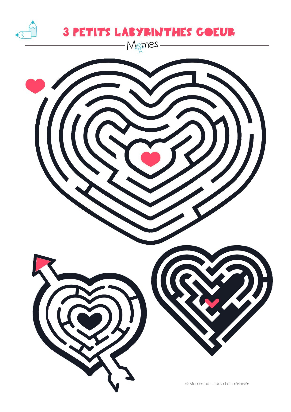 3 Petits Labyrinthes En Formes De Coeur | Jeux A Imprimer à Labyrinthe A Imprimer