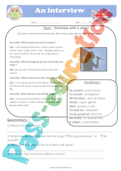 An Interview - Cm1 - Cm2 - Anglais - Lecture - Level 4 dedans Fiche Anglais Cm2