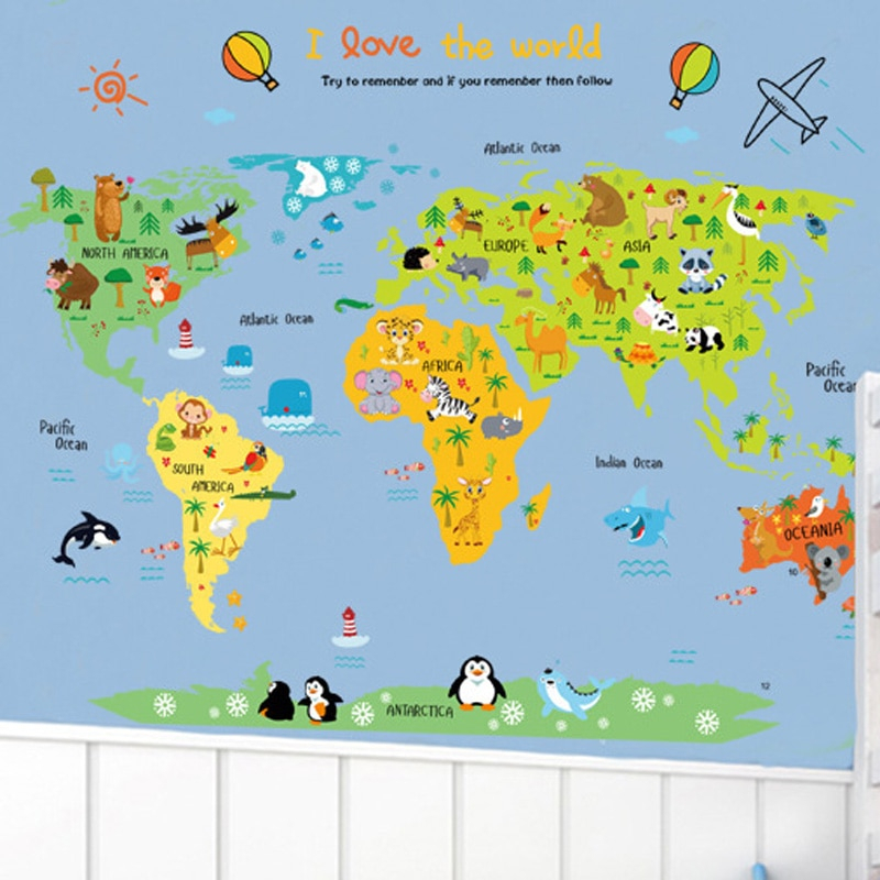 Animaux De Bande Dessinée Carte Du Monde Stickers Muraux avec Carte Du Monde Enfant