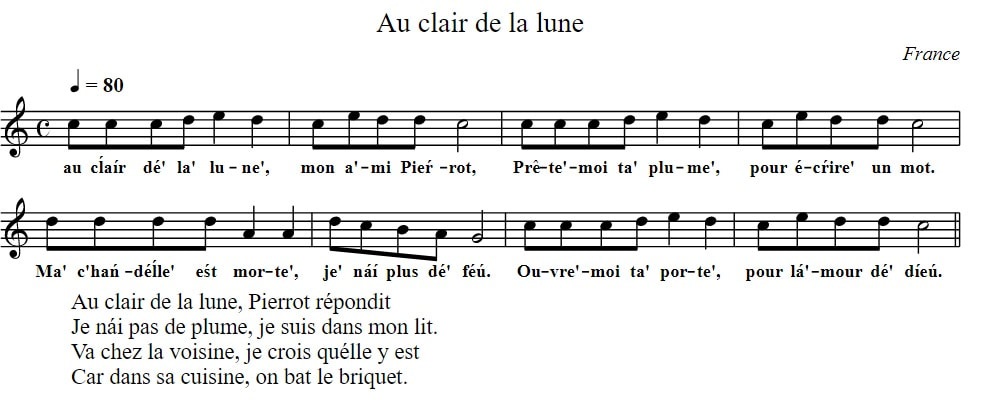 Au Clair De La Lune Sheet Music And Tin Whistle Notes dedans Clair De La Lune Lyrics
