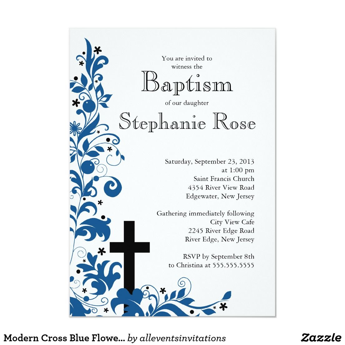 Baptême Bleu Croisé Moderne De Fleur, Invitation | Zazzle avec Carton Invitation Bapteme
