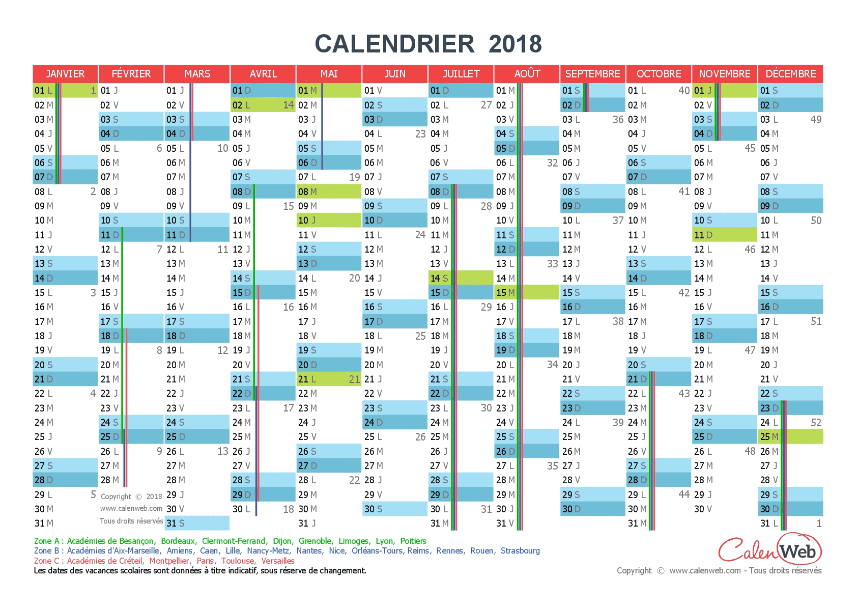 Calendrier 2018 À Imprimer : Jours Fériés - Vacances avec Calendrier Avec Numéro De Semaine 2018
