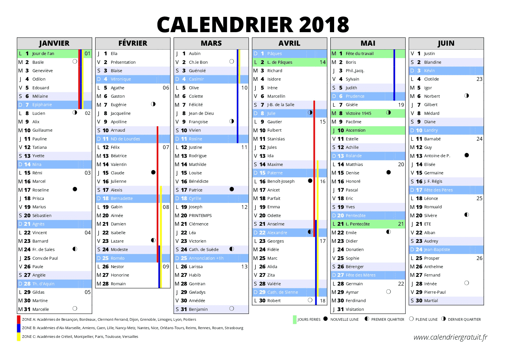 Calendrier 2018 À Imprimer : Jours Fériés - Vacances intérieur Calendrier 2Ème Semestre 2018