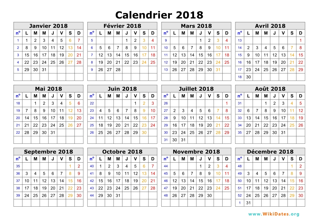 Calendrier 2018 À Imprimer | Wikidates concernant Calendrier Avec Numéro De Semaine 2018