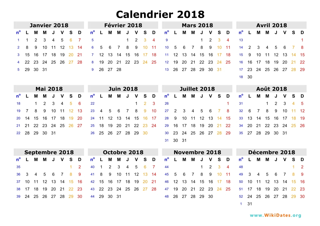 Calendrier 2018 À Imprimer | Wikidates encequiconcerne Calendrier 2018 À Télécharger Gratuit