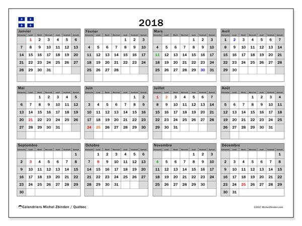 Calendrier 2018, Québec (Canada) (Avec Images pour Calendrier Annuel 2018 À Imprimer