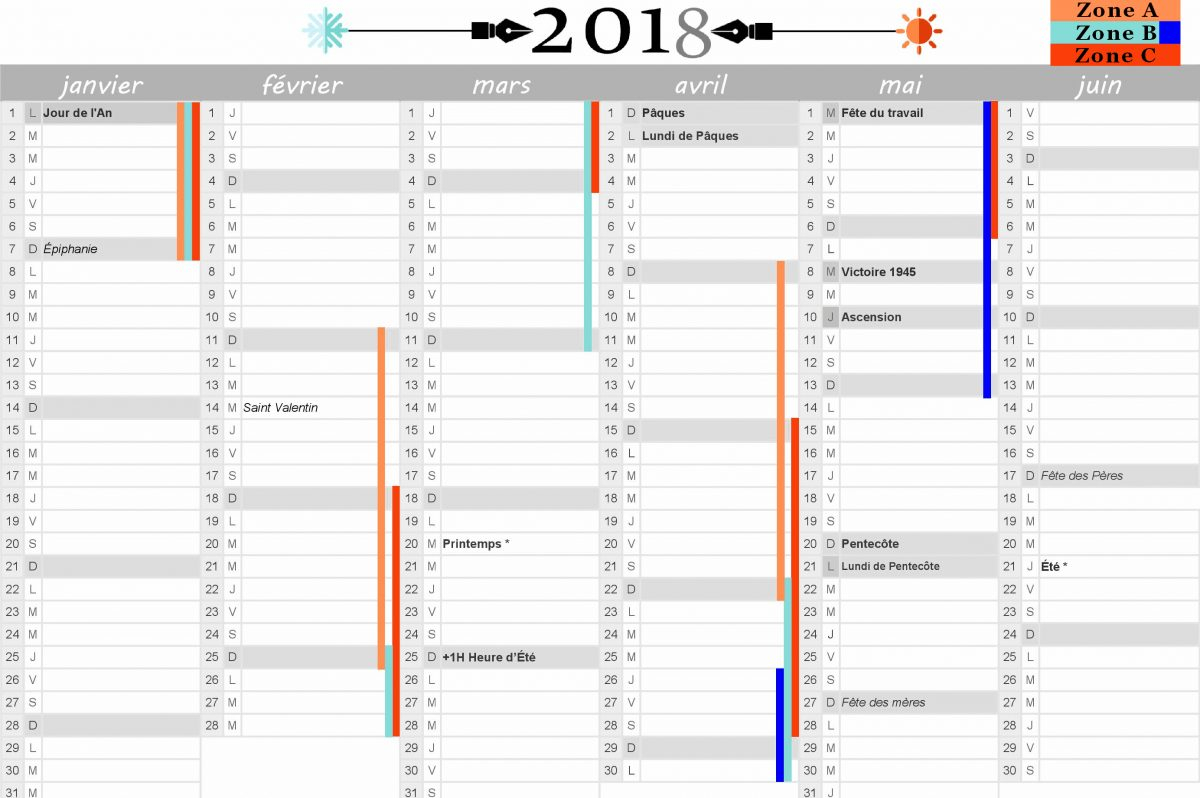 Calendrier 2018 : Vacances Scolaires Et Jours Fériés à Calendrier 2018 Avec Jours Fériés Vacances Scolaires À Imprimer