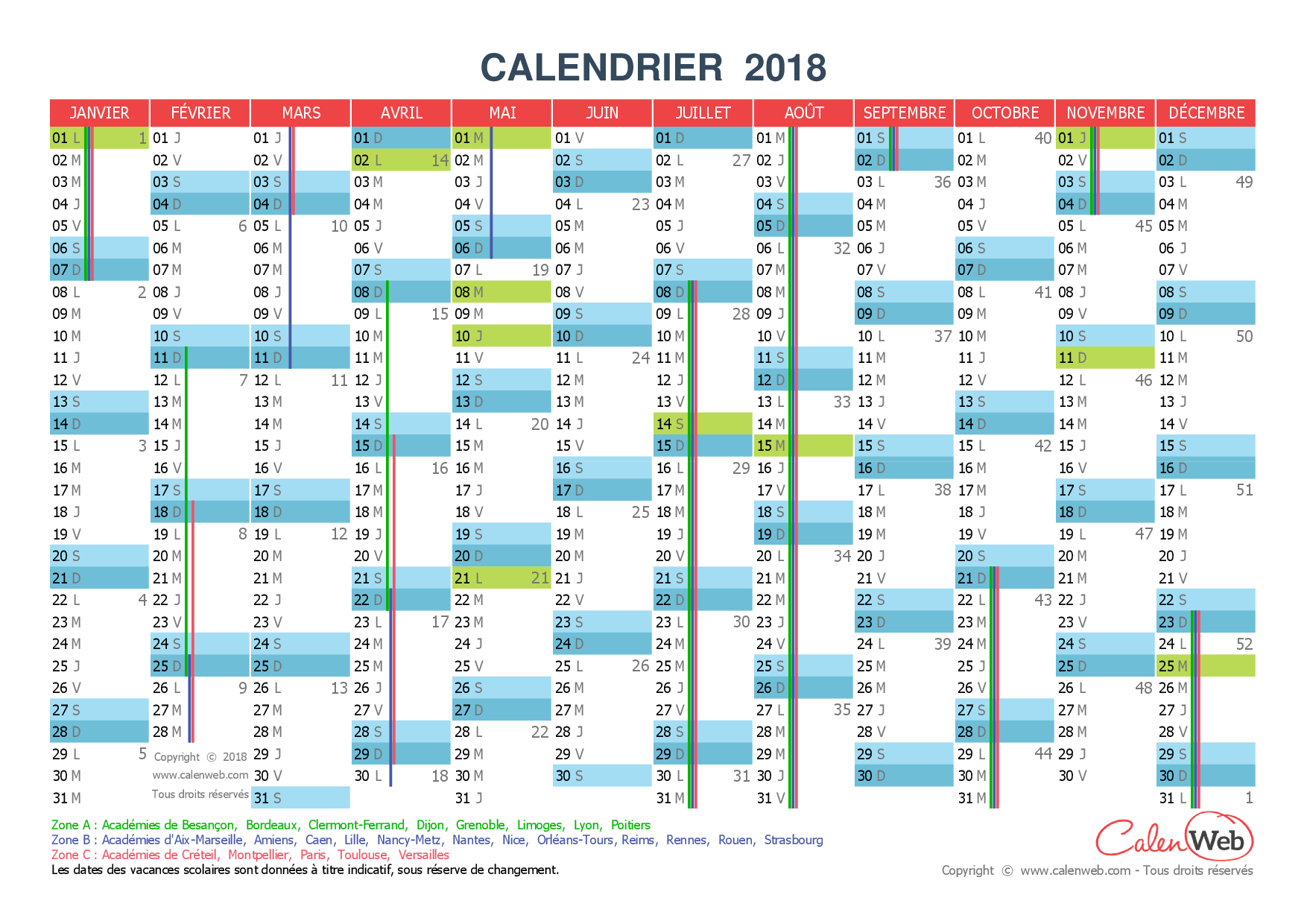 Calendrier Annuel - Année 2018 Avec Jours Fériés Et serapportantà Planning Annuel 2018