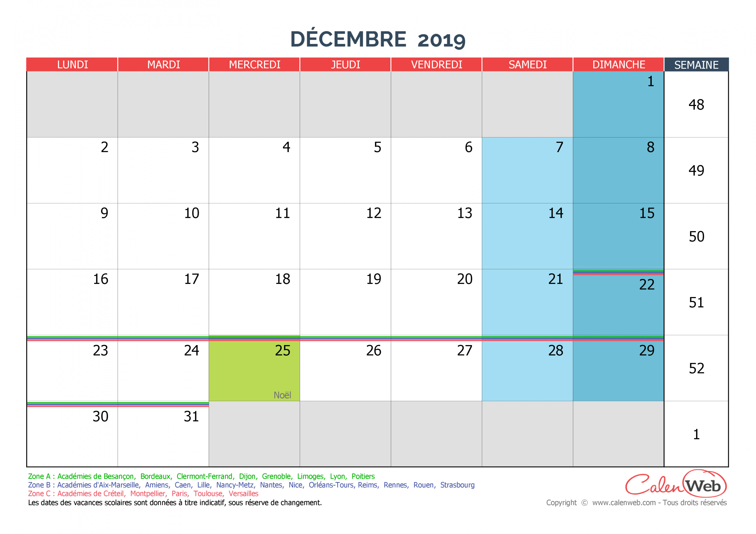 Calendrier Mensuel - Mois De Décembre 2019 Avec Jours tout Calendrier 2019 Avec Semaine