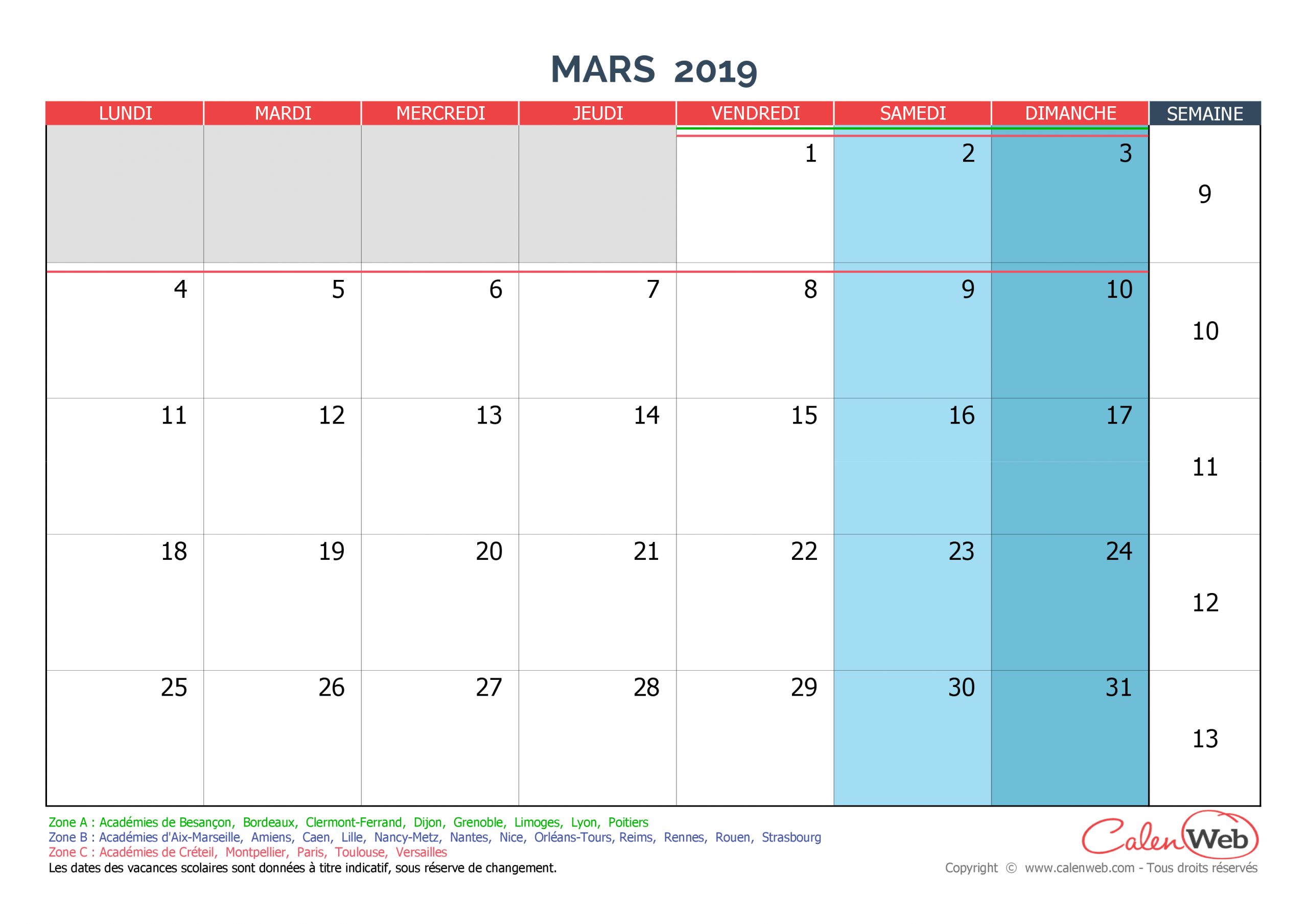 Calendrier Mensuel - Mois De Mars 2019 Avec Jours Fériés dedans Calendrier 2019 Avec Jours Fériés Vacances Scolaires À Imprimer