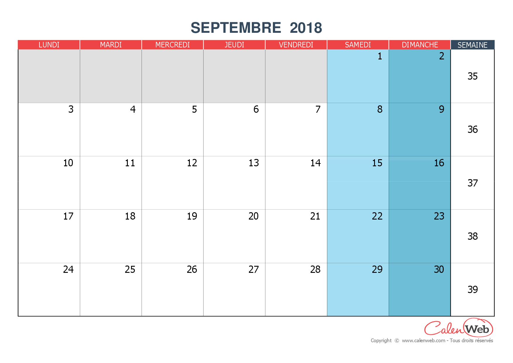 Calendrier Mensuel - Mois De Septembre 2018 Version Vierge dedans Calendrier 2018 A Imprimer Par Mois