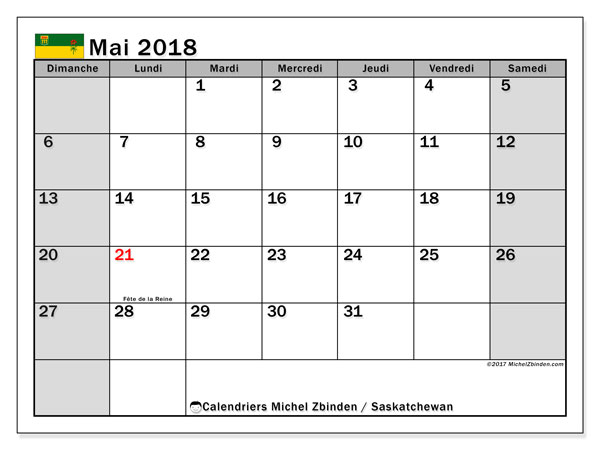Calendrier &amp;quot;Saskatchewan&amp;quot; Mai 2018 À Imprimer - Michel pour Calendrier Mensuel 2018 À Imprimer