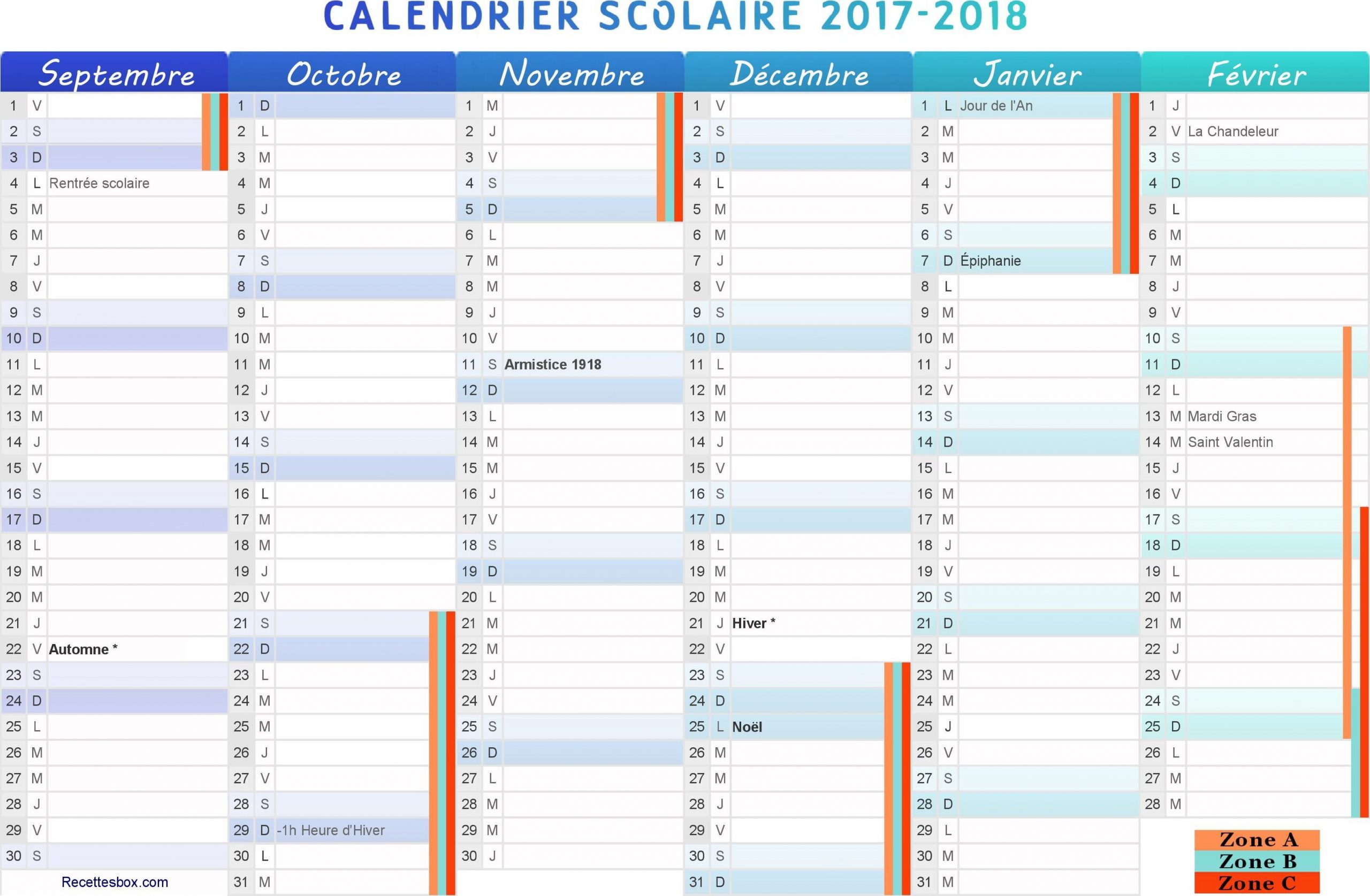 Calendrier Scolaire 2017 2018 Du Premier Semestre. De destiné Calendrier 2017 Imprimable