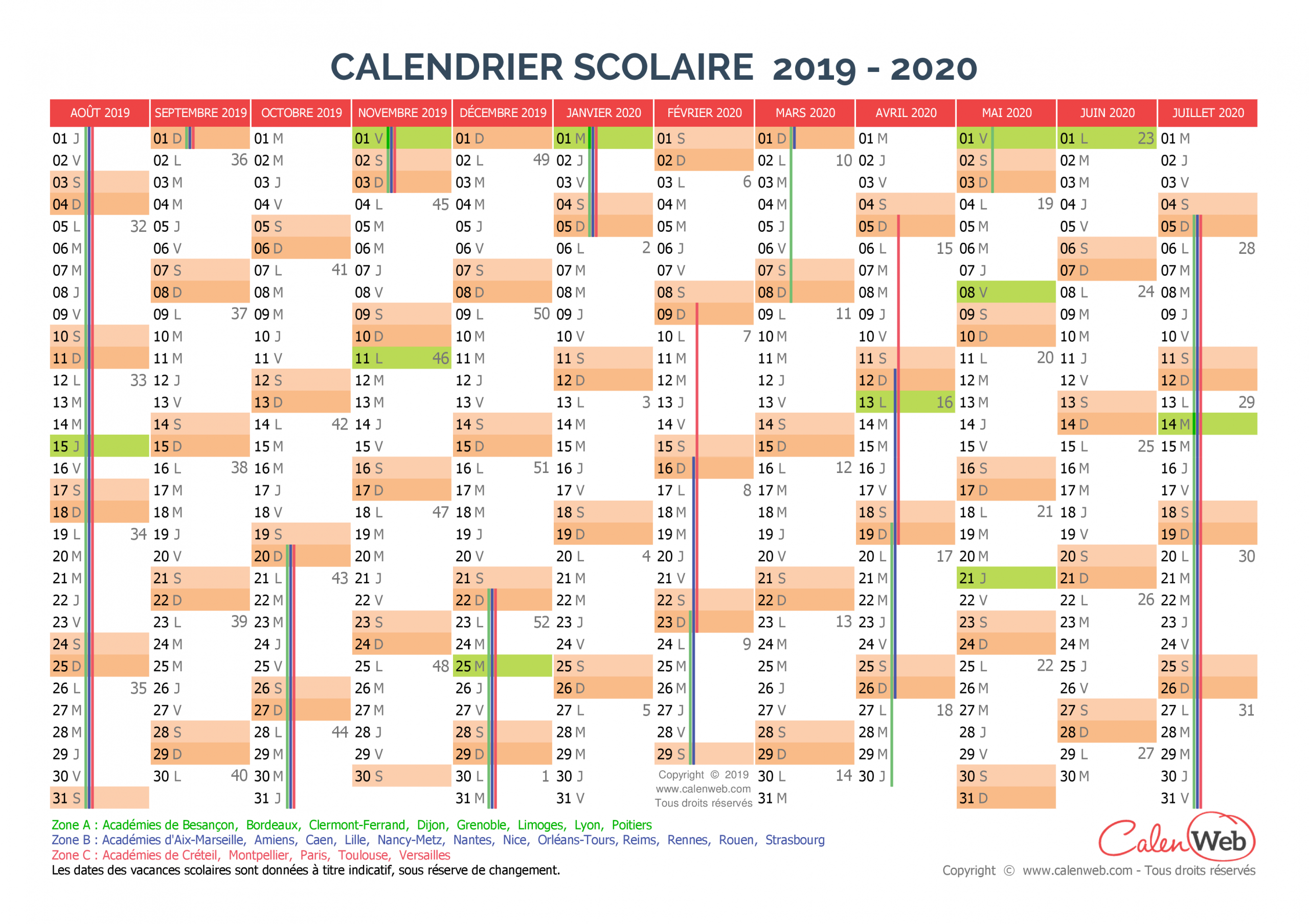 Calendrier Scolaire Annuel 2019-2020 Avec Affichage Des pour Calendrier Annuel 2019 À Imprimer Gratuit