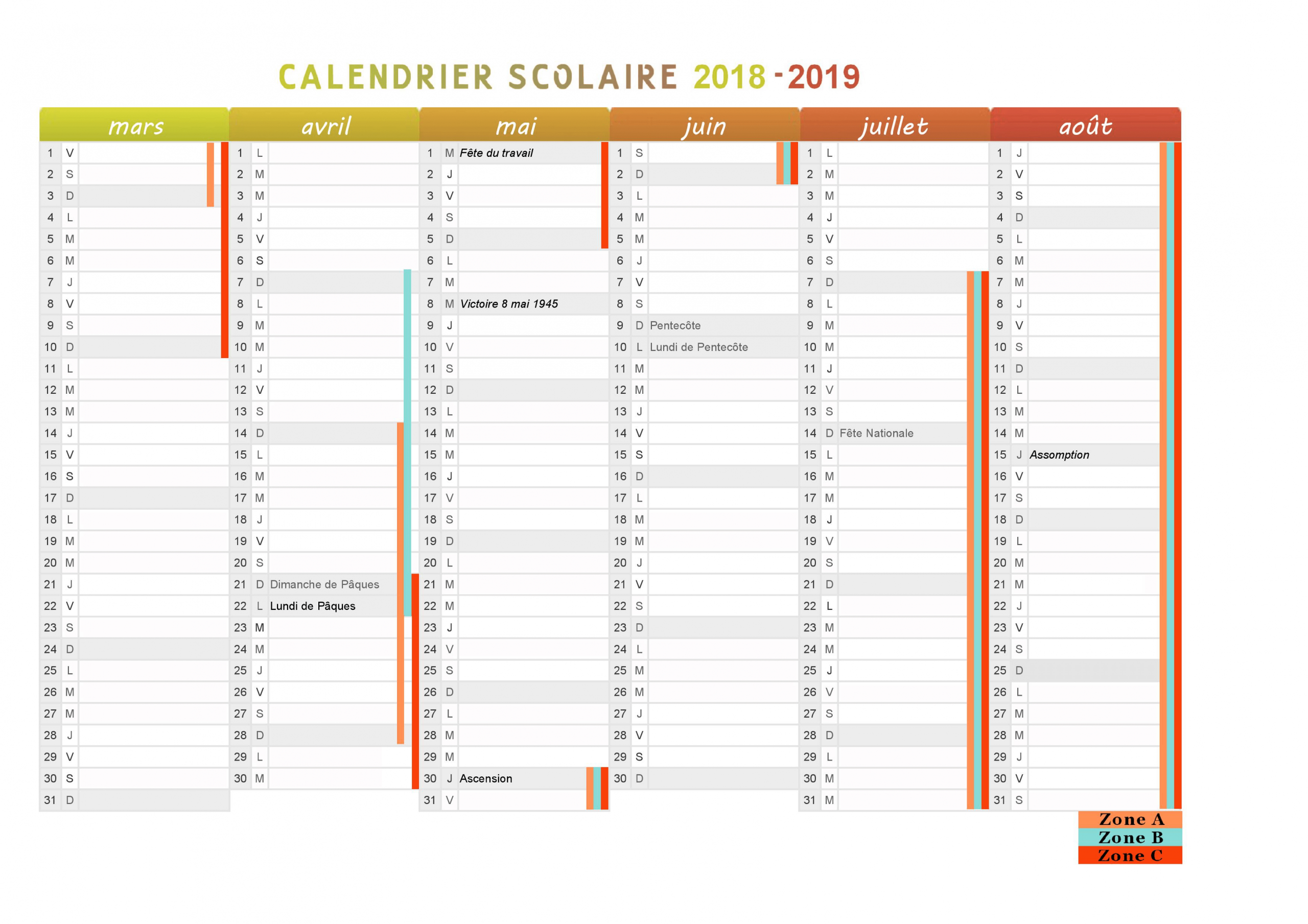 Calendrier Scolaire Pour Les Vacances 2018-2019 À Imprimer dedans Calendrier 2018 À Imprimer Avec Vacances Scolaires