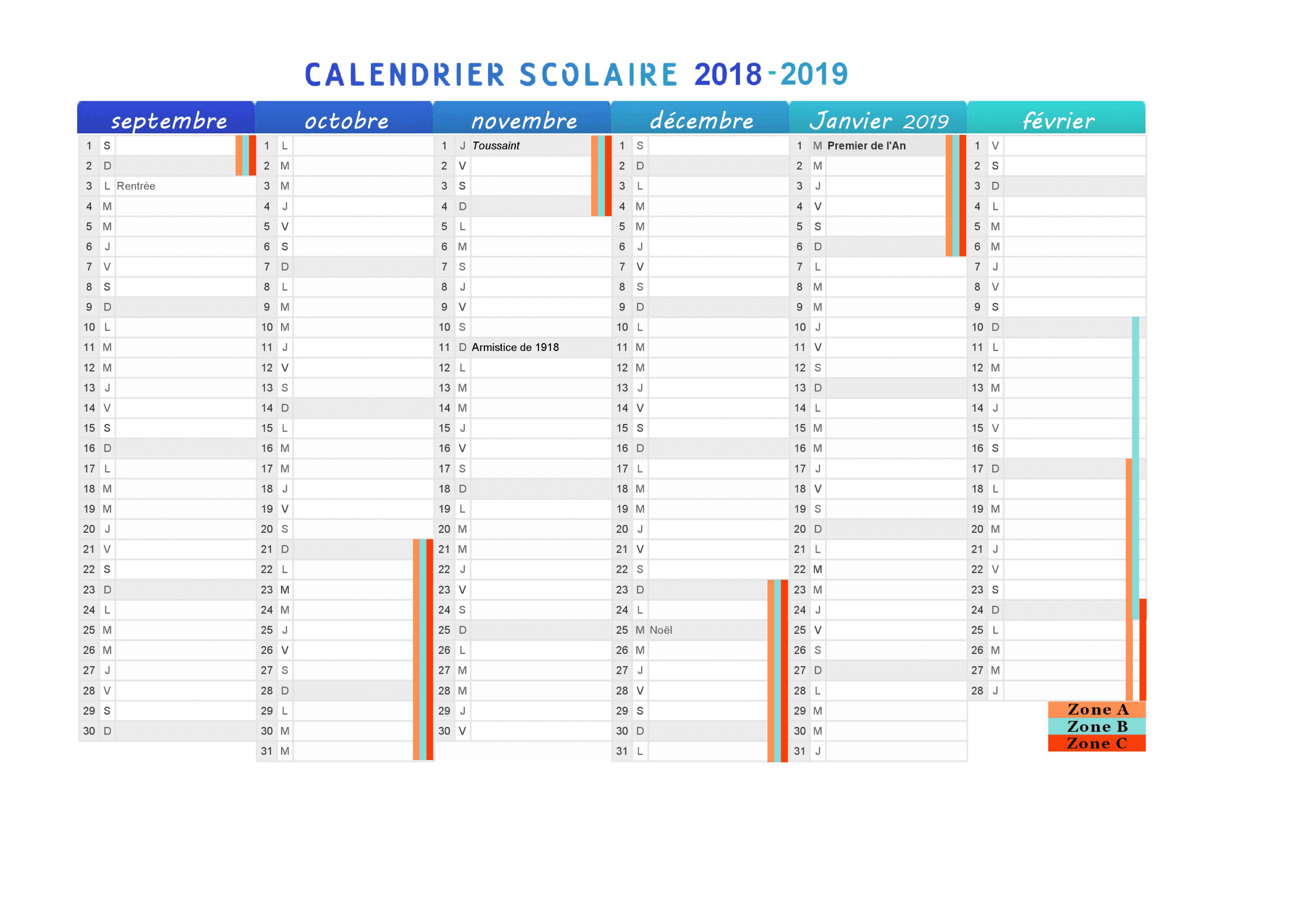 Calendrier Scolaire Pour Les Vacances 2018-2019 À Imprimer tout Calendrier 2018 À Imprimer Avec Vacances Scolaires