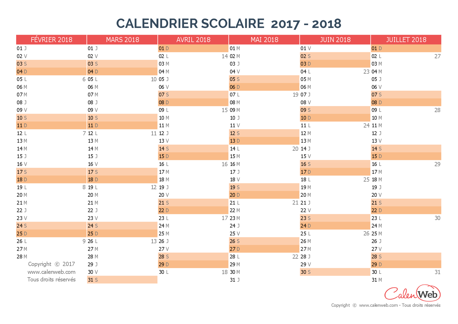 Calendrier Scolaire Semestriel 2017-2018 Version Vierge serapportantà Calendrier Annuel 2018 À Imprimer
