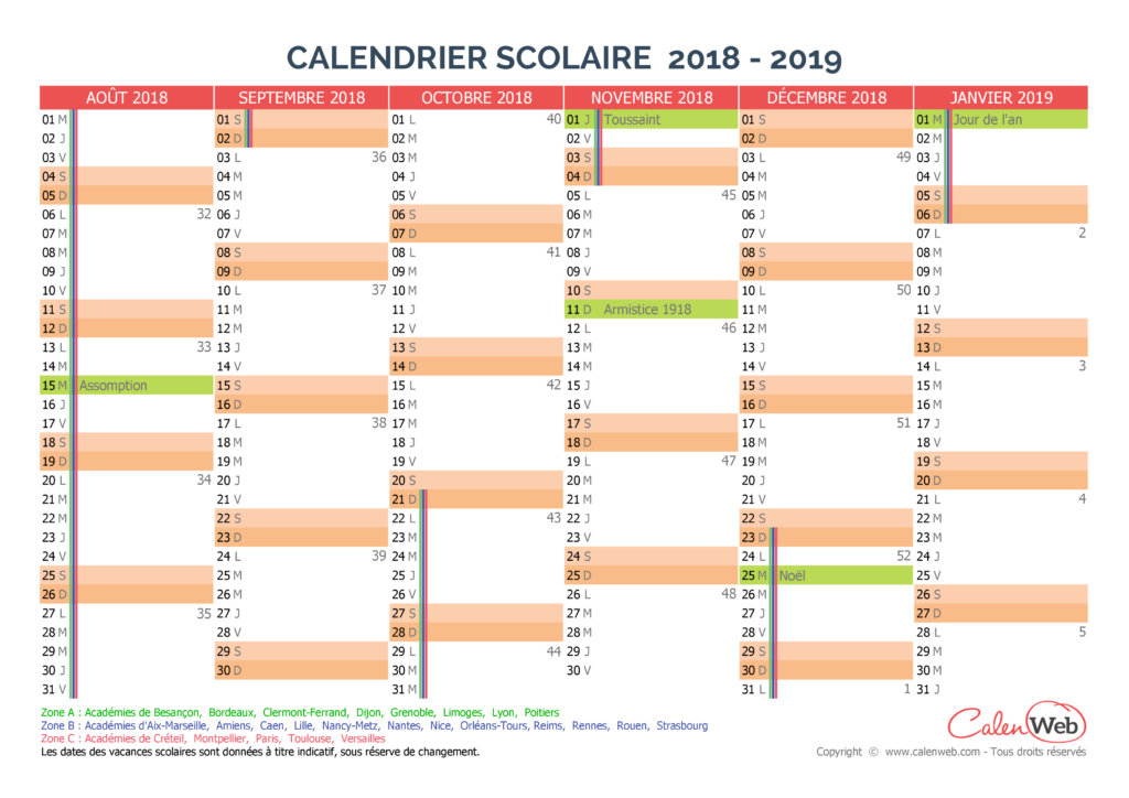 Calendrier Scolaire Semestriel 2018-2019 Avec Affichage destiné Calendrier 2018 Avec Jours Fériés Vacances Scolaires À Imprimer