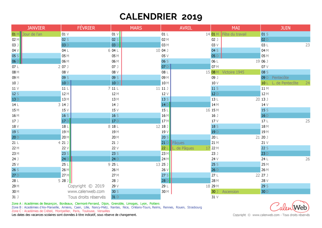 Calendrier Semestriel - Année 2019 Avec Jours Fériés Et avec Calendrier 2019 Avec Jours Fériés Vacances Scolaires À Imprimer