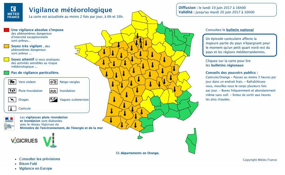 Canicule : 51 Départements En Vigilance Orange, Dont Toute intérieur Carte Des Départements De France 2017