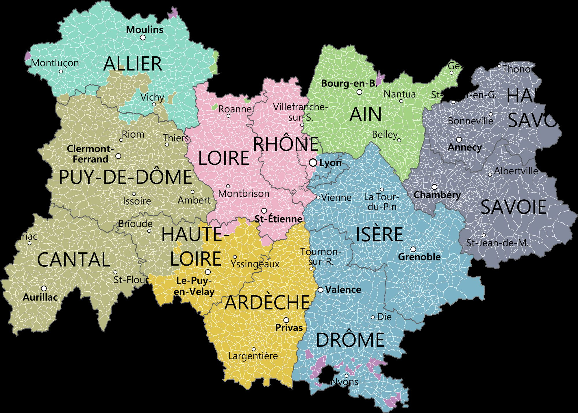 Carte De L'Auvergne-Rhône-Alpes - Auvergne-Rhône-Alpes intérieur Carte Region Departement