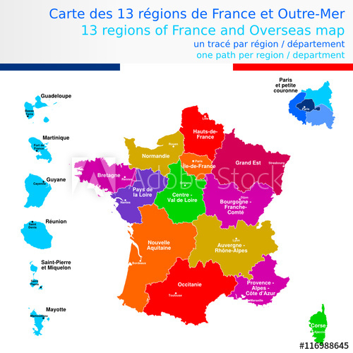 Carte Des 13 Régions De France Et Outre-Mer Colorée Avec à Carte France D Outre Mer
