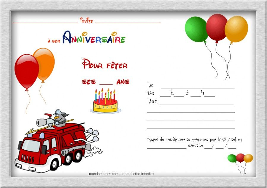 Carte Invitation Garçon Thème Pompier Avec Cadre tout Carte Invitation Enfant A Imprimer