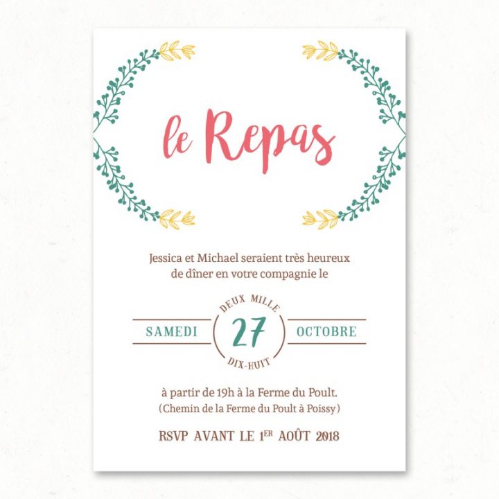 Carton Repas Folk, Végétal, Coloré, Rustique Chic - Paper intérieur Texte Humoristique Pour Invitation Repas