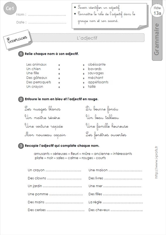Ce1: L'Adjectif Grammaire | Exercice Ce1, Evaluation Ce1, Ce1 dedans Fiche Français Ce1 Imprimer