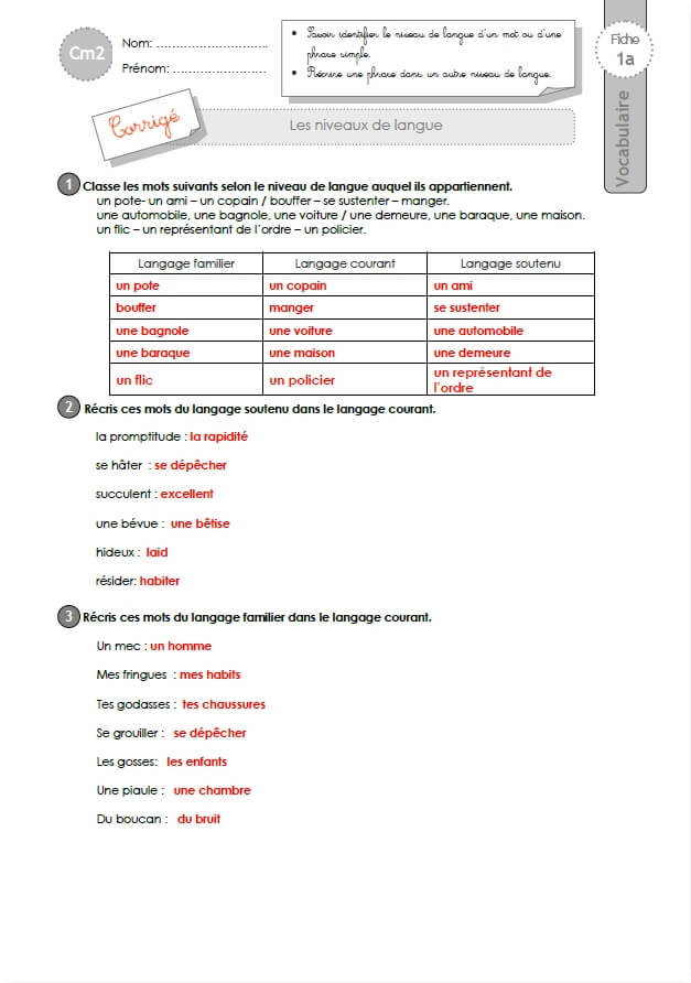Cm2: Vocabulaire-Exercices, Evaluation, Traces Écrites avec Fiche Exercice Cm2