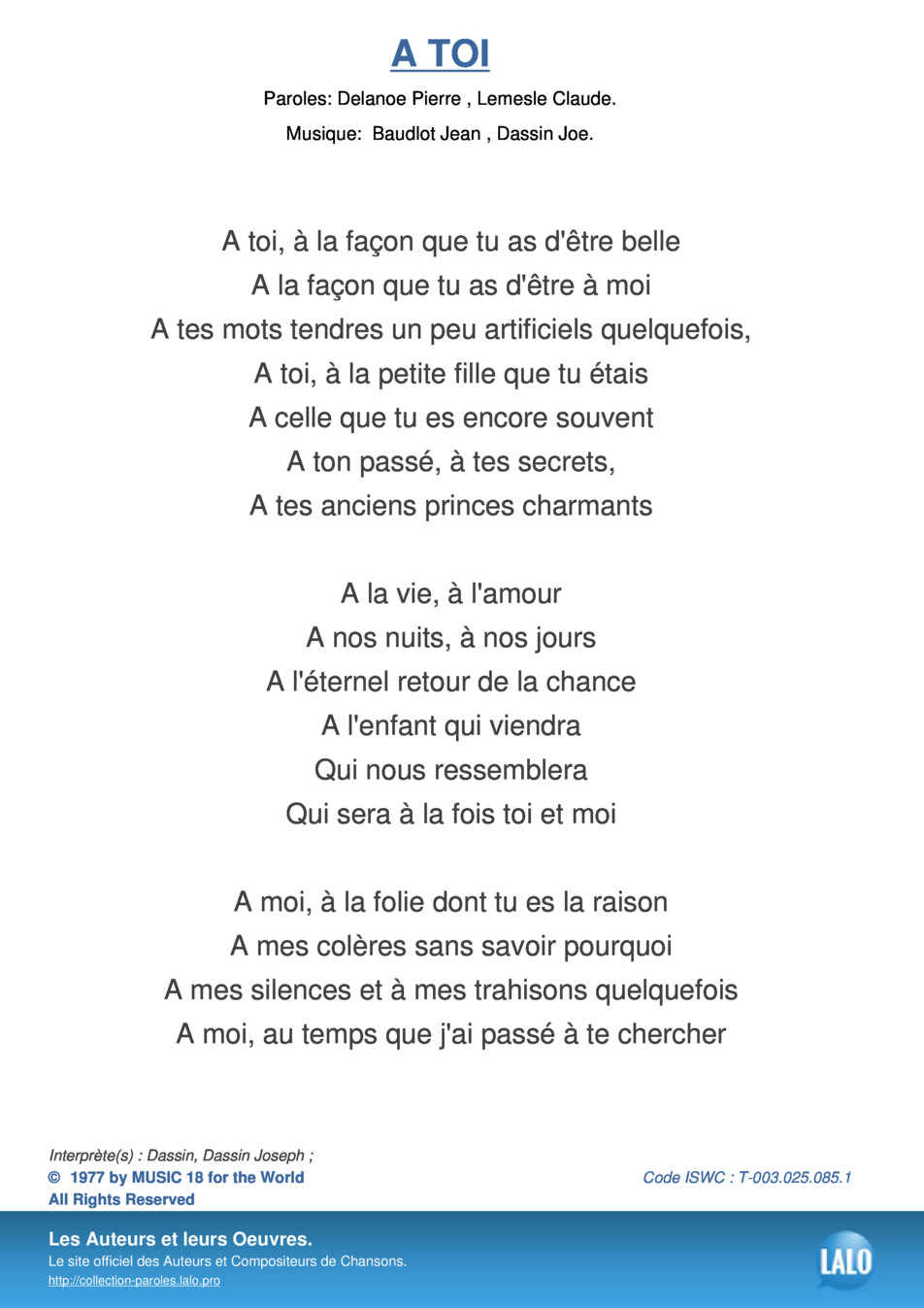 Collection Paroles &amp; Chansons - Lalo.pro destiné Paroles De Chansons Francaises Gratuites À Imprimer