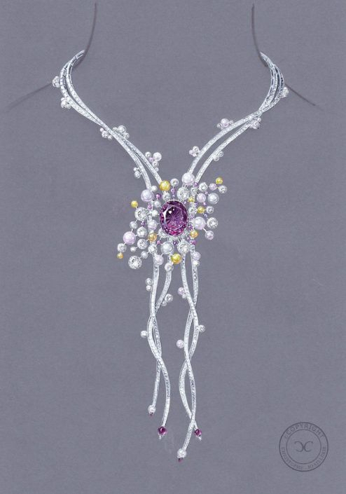 Collier-Passementerie-Saphir-Violet-Perle-Diamant avec Collier Dessin