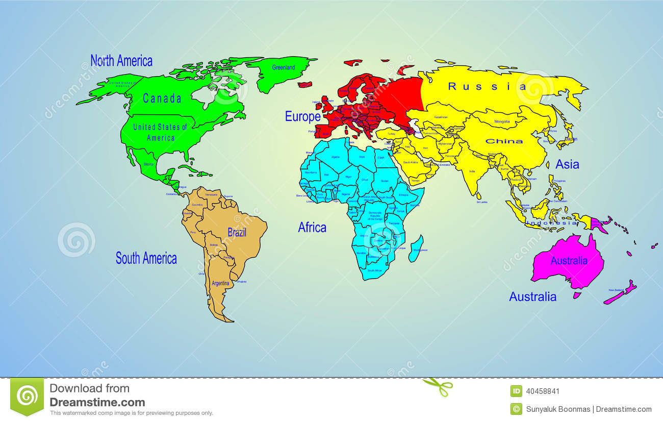 Continents Et Nom Du Pays De Carte Couleur Du Monde serapportantà Carte Monde Continent