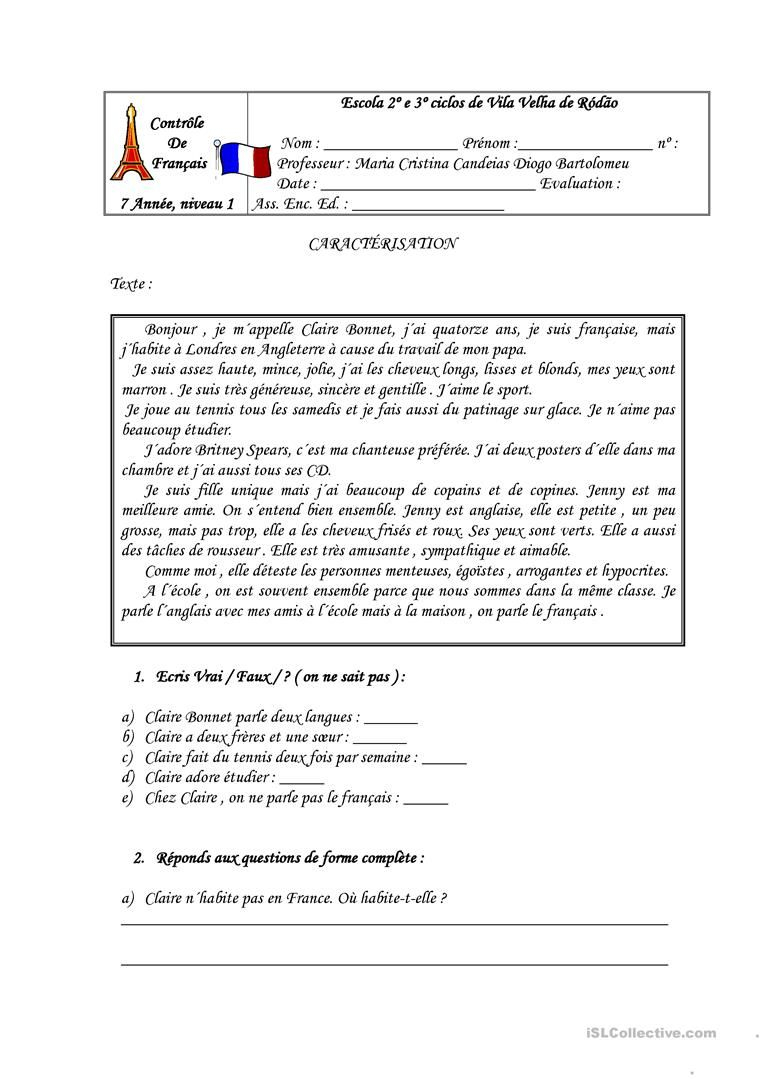 Contrôle De Français | Lecture Collège, Exercices De avec Exercice De Francais Pour Cm1