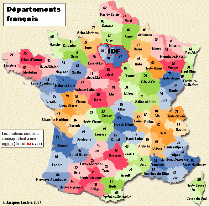 Départements Français (Métropolitains) à Carte De France Des Départements