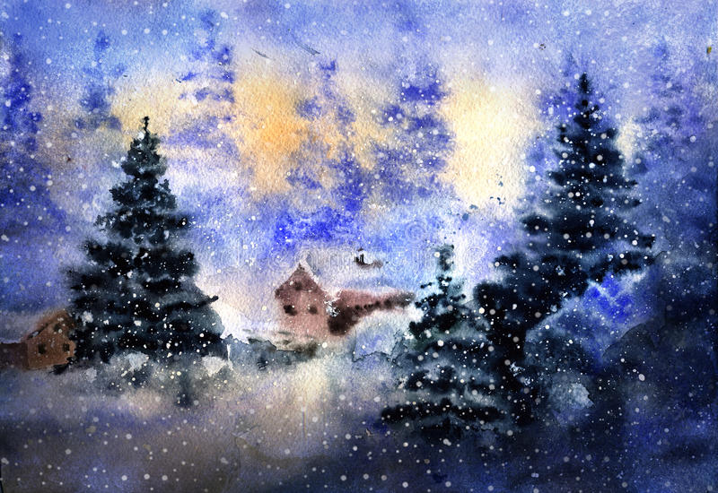 Dessin D&amp;#039;Aquarelle De Paysage De Pays D&amp;#039;Hiver Illustration à Dessin De Paysage D Hiver