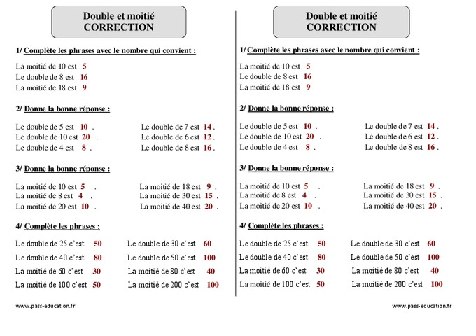 Double Et Moitié - Ce1 - Exercices À Imprimer - Pass Education concernant Revision Ce1 Gratuit A Imprimer