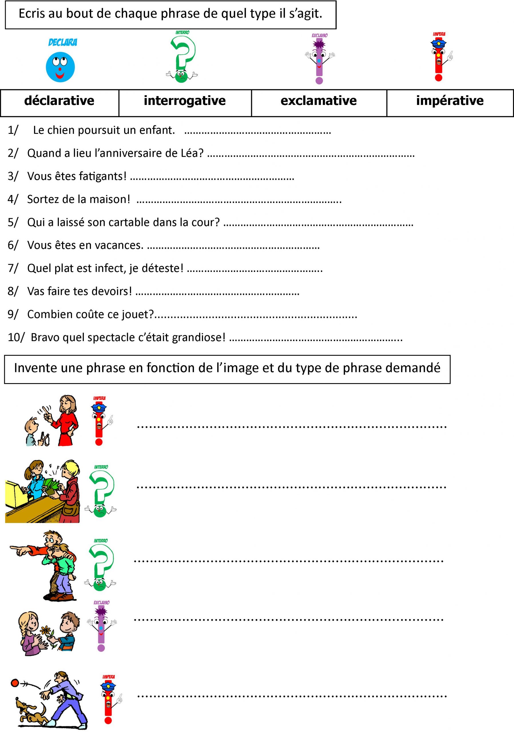 Grammaire Ce1 Ce2: Les Types De Phrase Leçon Augmentée Et avec Exercice Francais A Imprimer