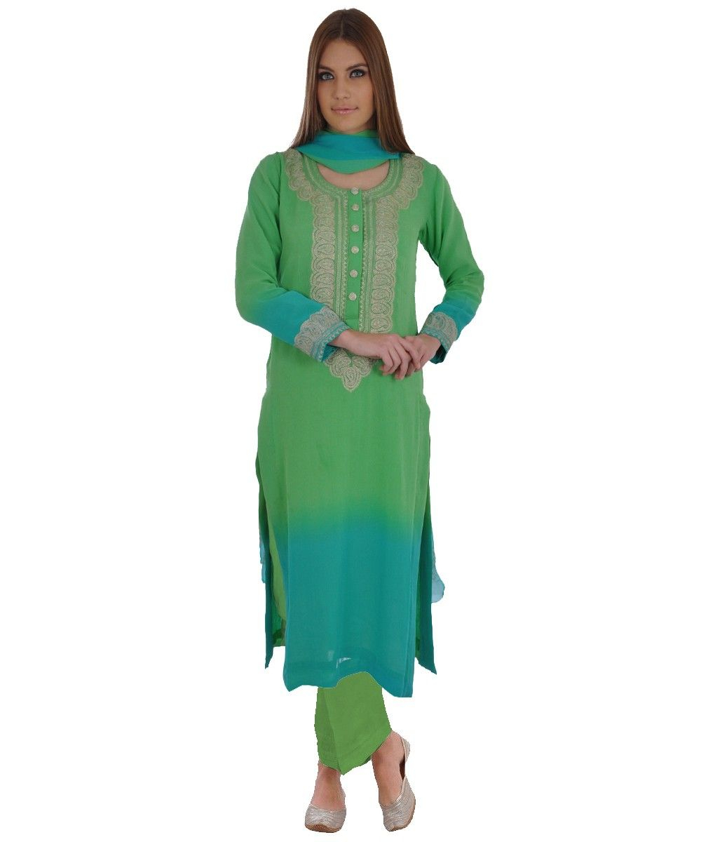 Green-Turquoise Ombre Kashmiri Tilla Aari Work Pure à Ombre Suit
