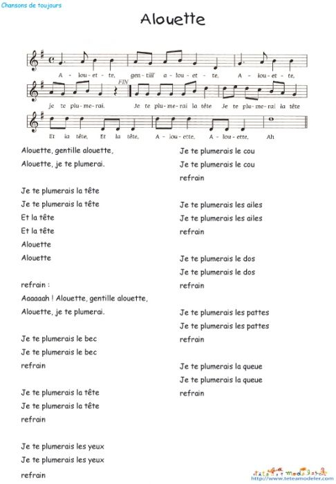 Imprimer Alouette Texte Et Partition - Chanson Enfant En concernant Chansons Et Comptines Gratuites