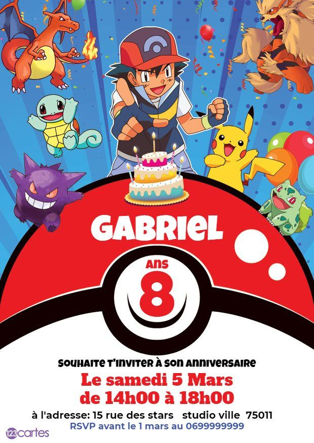 Invitation Anniversaire Pokemon, Pokeball Avec Sacha Et tout Carte D Invitation Anniversaire Adulte Gratuite À Imprimer