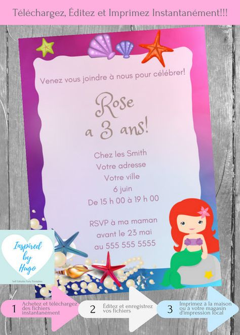 Invitation Sirène Fête D'Anniversaire Fille, La Petite pour Invitation Anniversaire Ariel