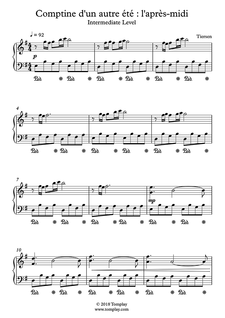 Klavier-Musiknoten Comptine D&amp;#039;Un Autre Été : L&amp;#039;Après-Midi avec Comptine Été