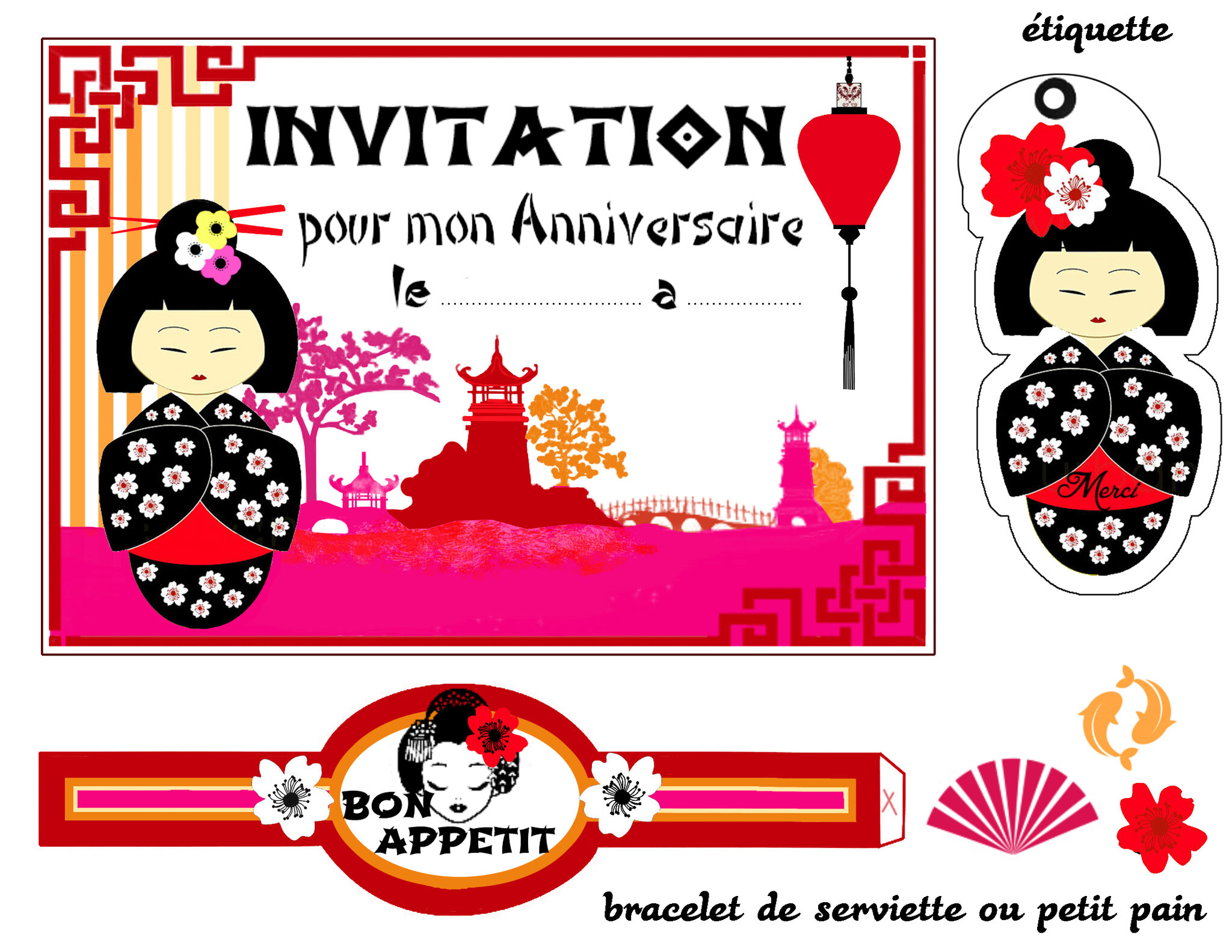 Kokeshi Pour Un Anniversaire Adulte Theme &amp;quot;Japon&amp;quot; - 1 Et 2 pour Invitation Anniversaire Theme Bonbon