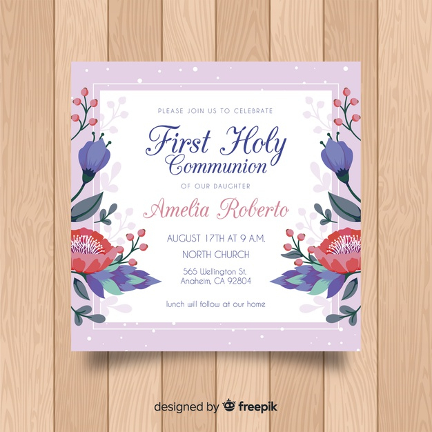 Modèle D'Invitation Florale Première Communion | Vecteur intérieur Invitation 1Ère Communion