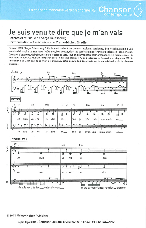 Partition De Musique, Éditeur De Partitions Pour Chorale à Paroles Je Suis