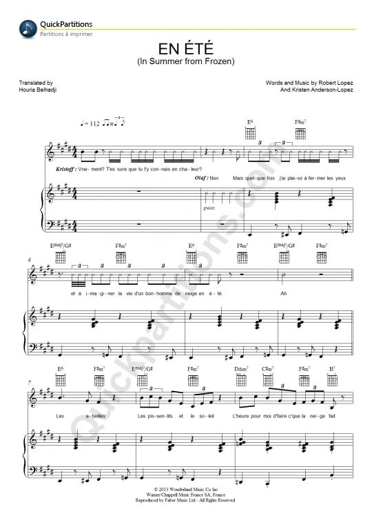 Partition Piano En Été - La Reine Des Neiges | Partition avec Paroles De La Chanson Reine Des Neiges