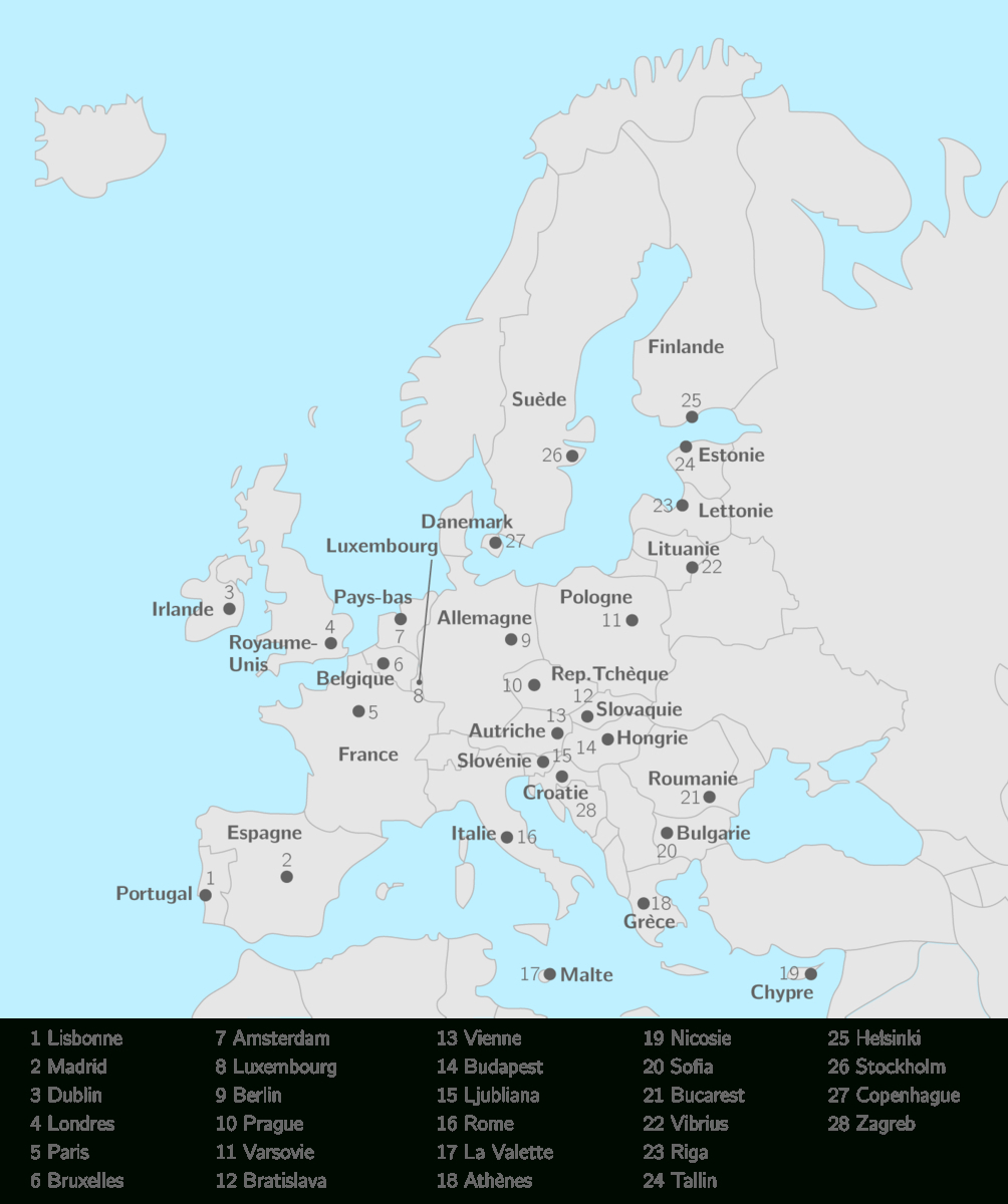 Placer Sur La Carte Les 28 États De L&amp;#039;Union Européenne Et à Capitale Union Européenne