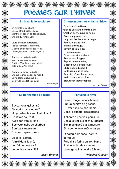 Poèmes Sur L&amp;#039;Hiver - Cycle 2 - Vie De La Classe - Cycle 3 concernant Dans La Nuit De L Hiver Chanson