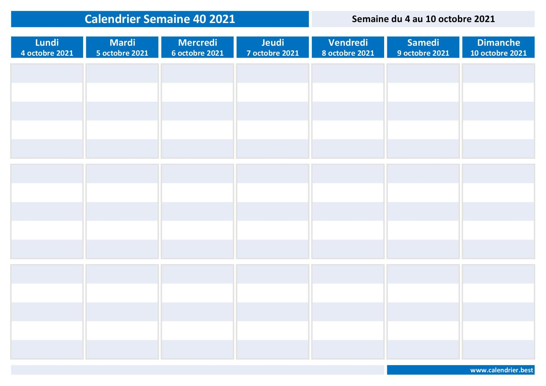 Semaine 40 2021 : Dates, Calendrier Et Planning tout Calendrier De La Semaine À Imprimer